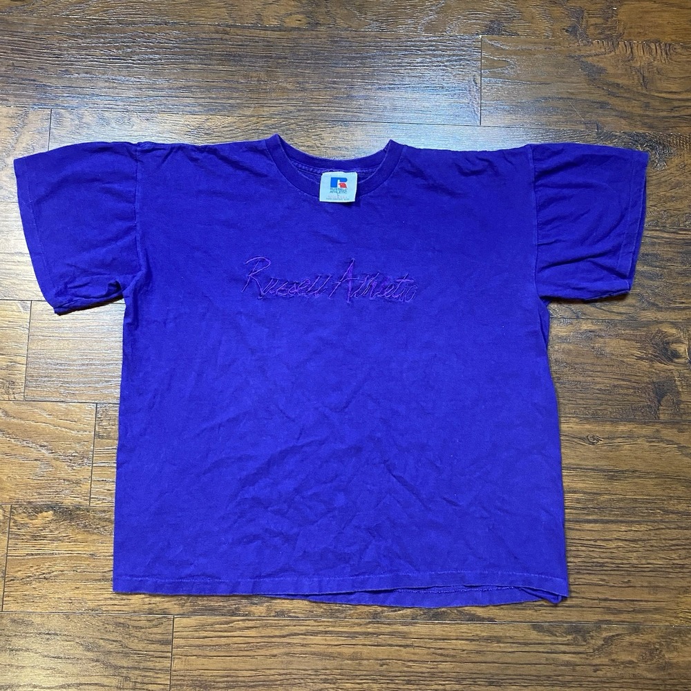 Vintage Russell Athletic Purple Embroidered T-Shirt Made in USA Mens Large L